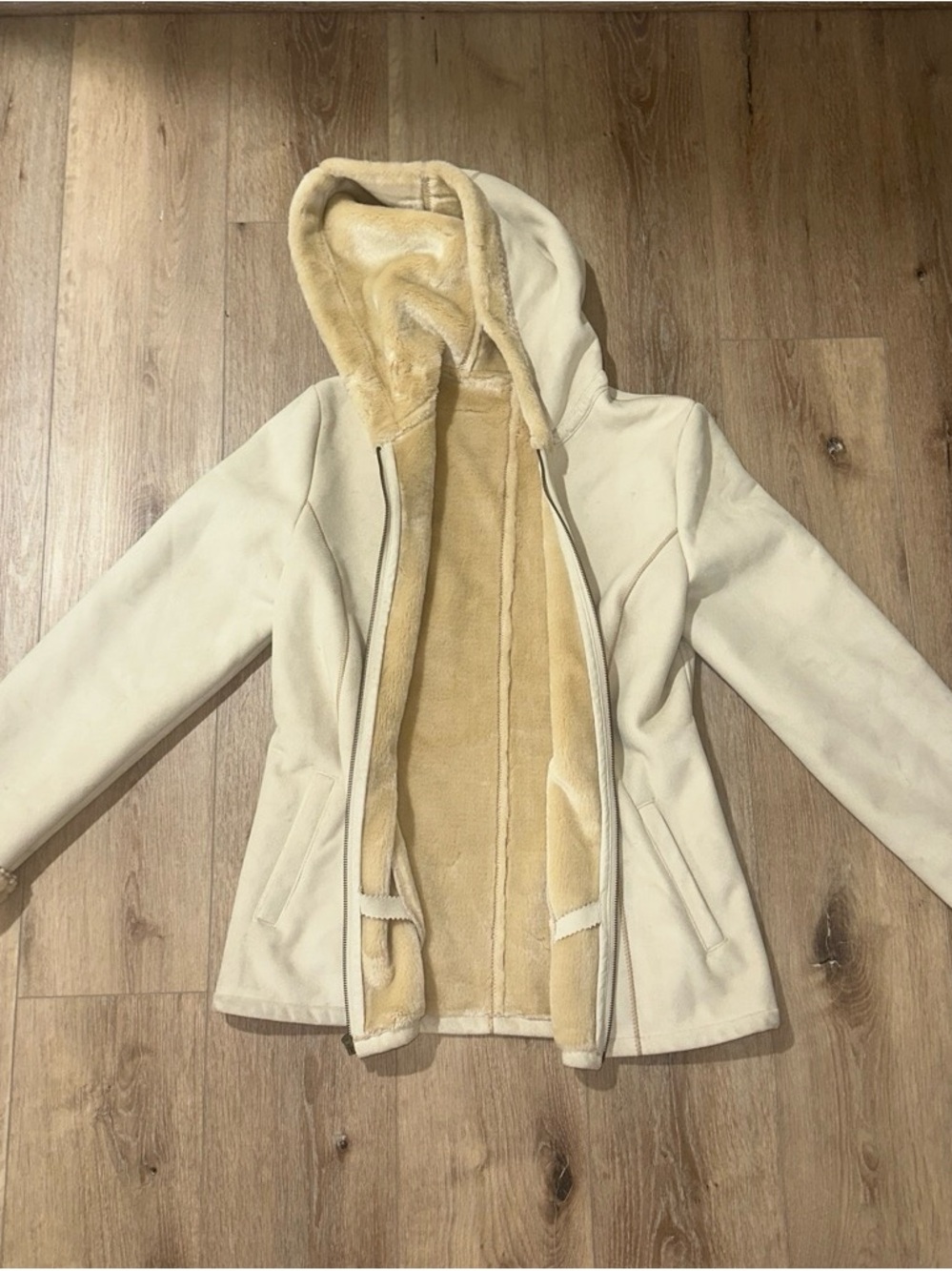Marvin Richards Cream Hooded Teddy Coat with Beige Faux-Shearling Lining